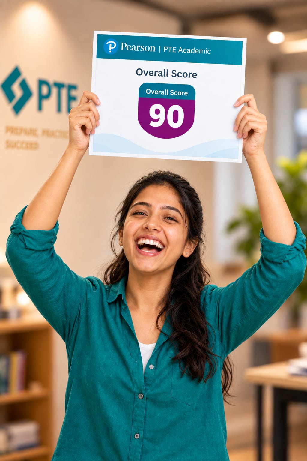 Student celebrating a top PTE score with International Skill Zone